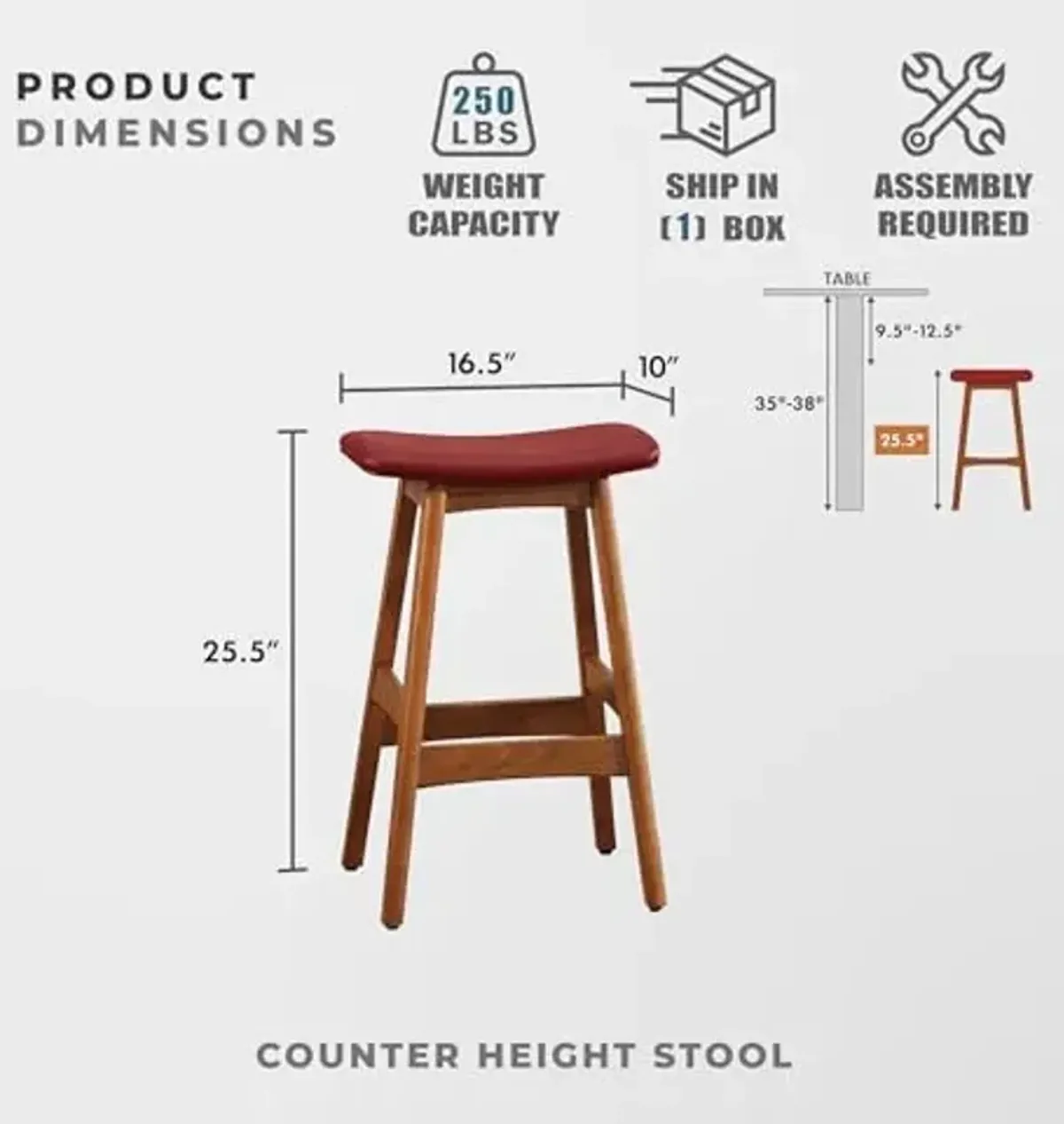 Lexicon Springfield Saddle Seat Counter Height Stool (Set of 2), 25" SH, Matte Red