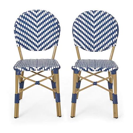 Christopher Knight Home Picardy Outdoor Bistro Chair, Navy Blue + White + Bamboo Finish