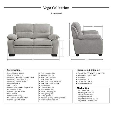 Lexicon Vega 2-Piece Living Room Set, Light Gray