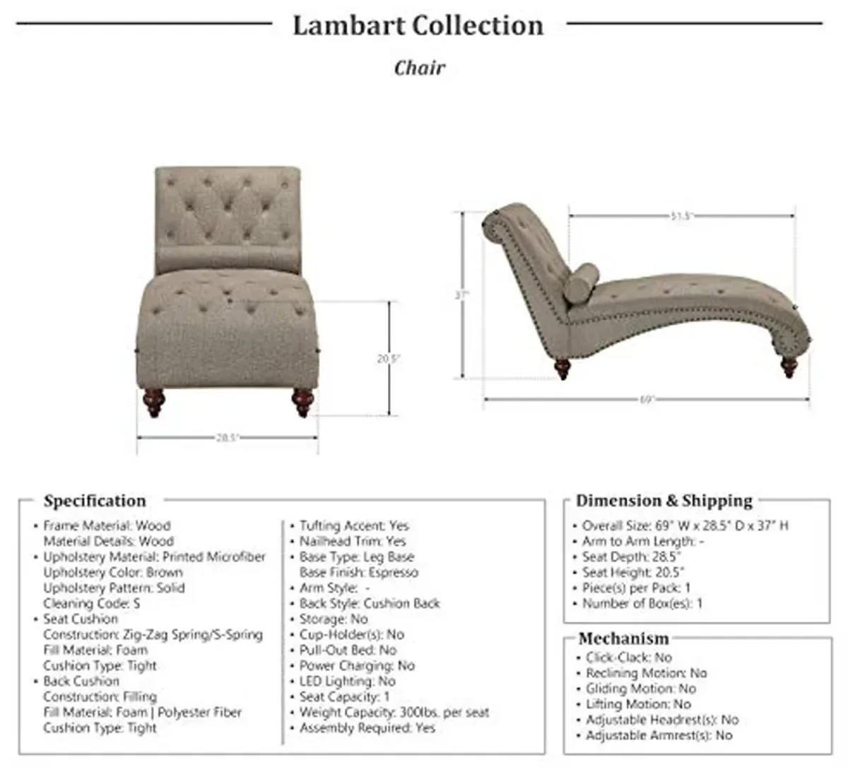 Lexicon Lambart Chaise Lounge, Brown (Bronze Nailheads)