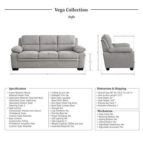 Lexicon Vega 3Piece Living Room Set, Light Gray