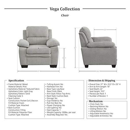 Lexicon Vega 3-Piece Living Room Set, Light Gray