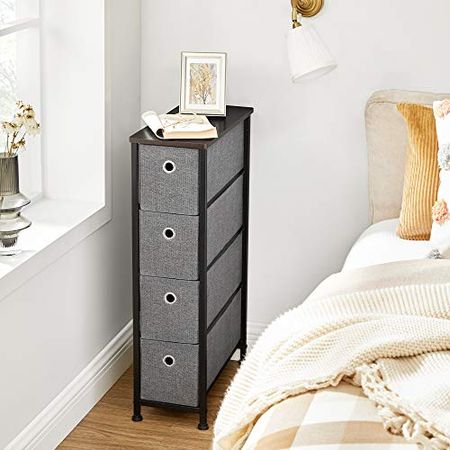 SONGMICS Narrow Dresser with 4 Fabric Drawers Vertical Slim Storage Tower Unit, 7.9", Gray
