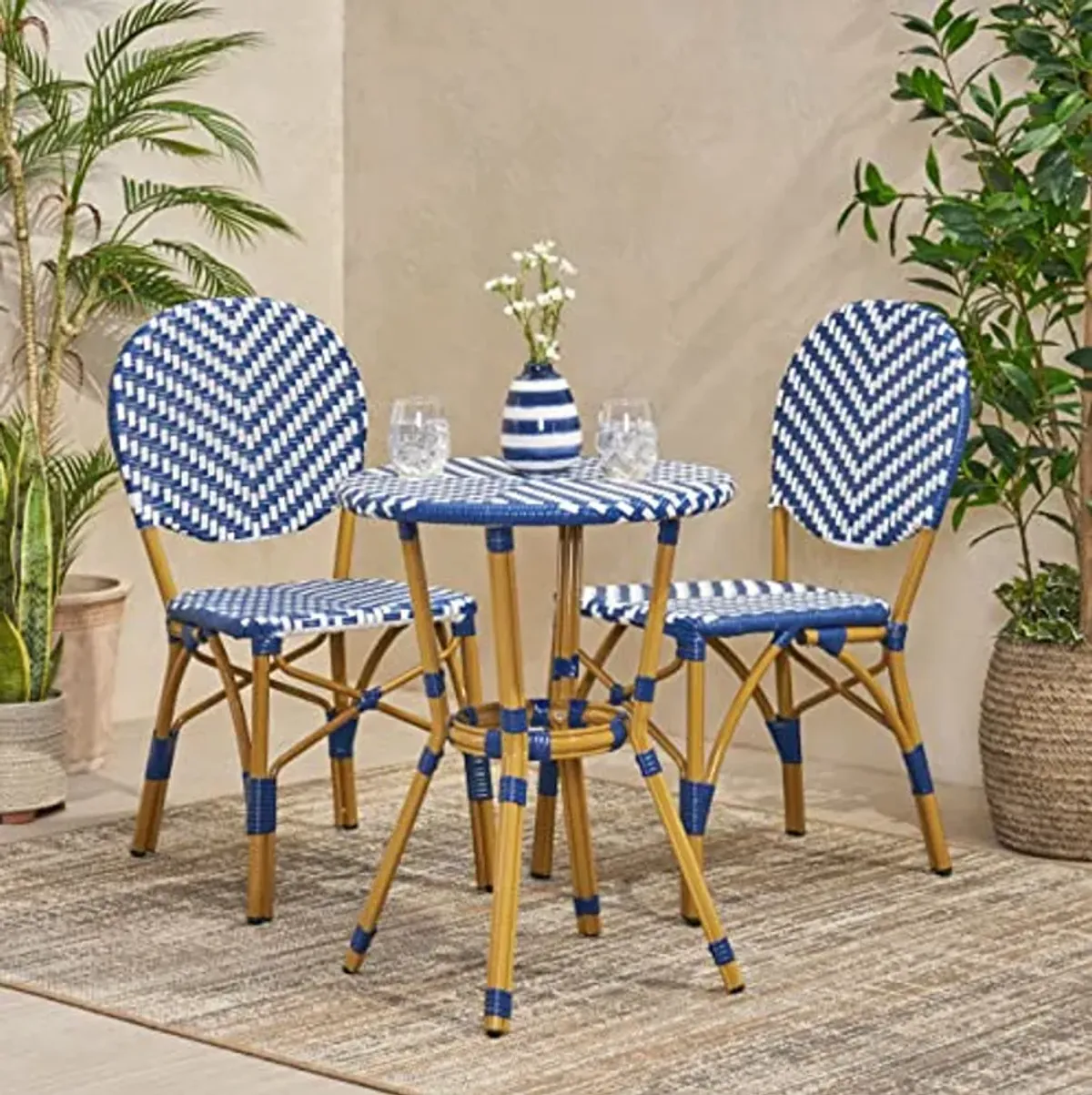 Christopher Knight Home Picardy Bistro Set, Navy Blue + White + Bamboo