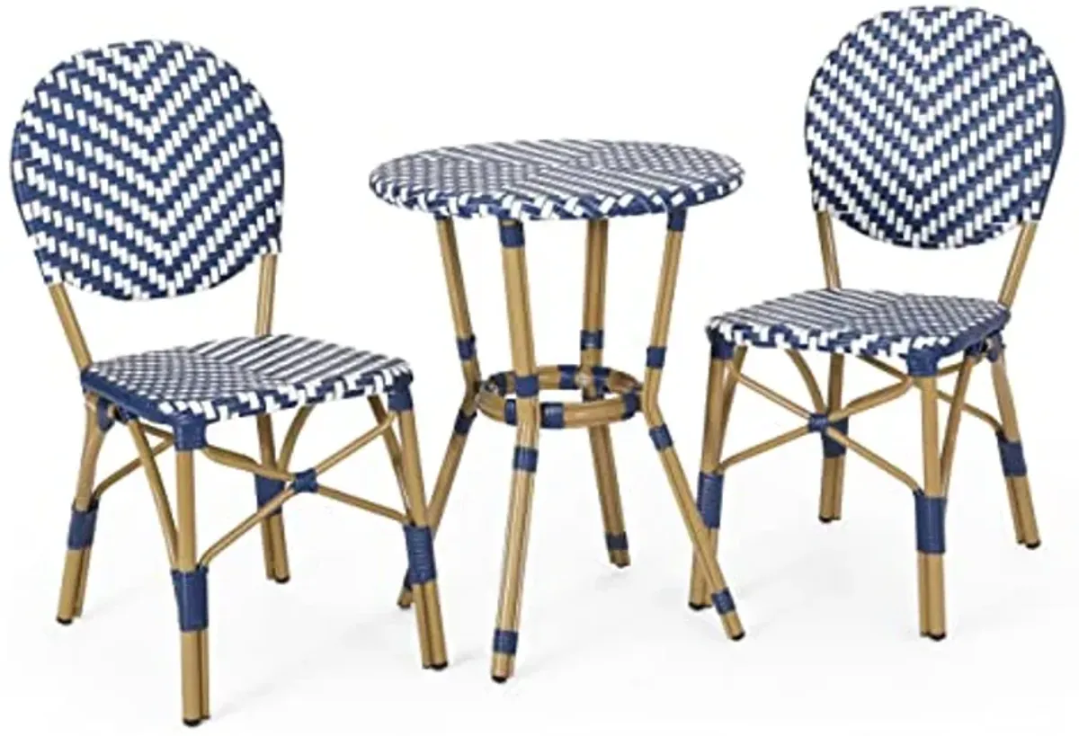 Christopher Knight Home Picardy Bistro Set, Navy Blue + White + Bamboo