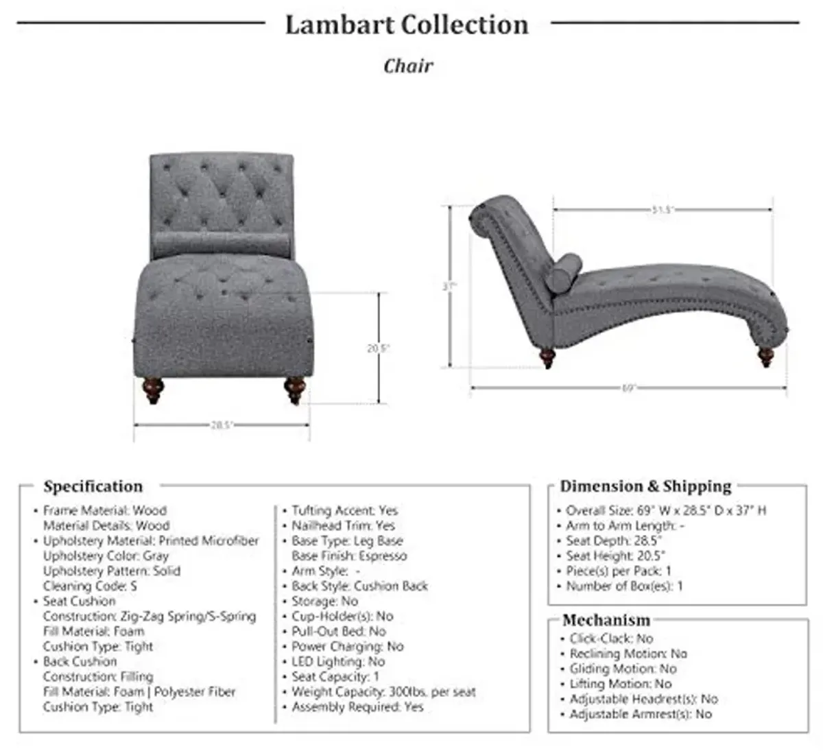 Lexicon Lambart Chaise Lounge, Gray (Bronze Nailheads)