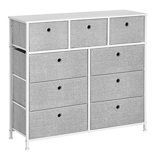 SONGMICS Storage Chest Cabinet Dresser 9 Fabric Drawers Closet Dorm Nursery, 37 x 11.8 x 32.9 Inches, Light Gray