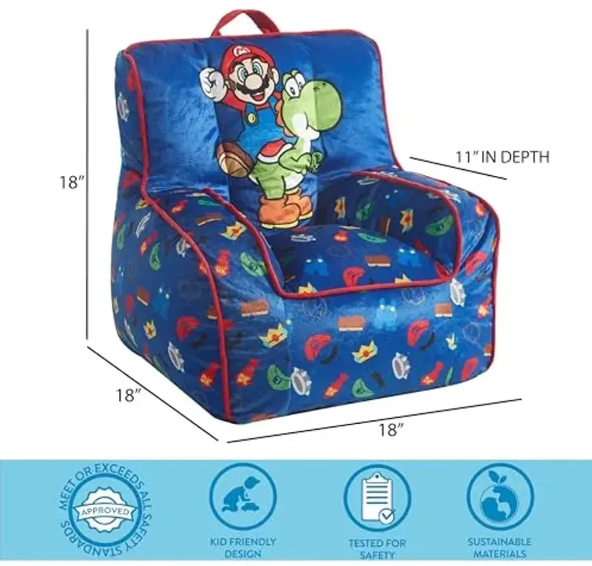 Idea Nuova Nintendo Super Mario Kids Mink Plush Bean Bag Chair with Piping & Top Carry Handle Large