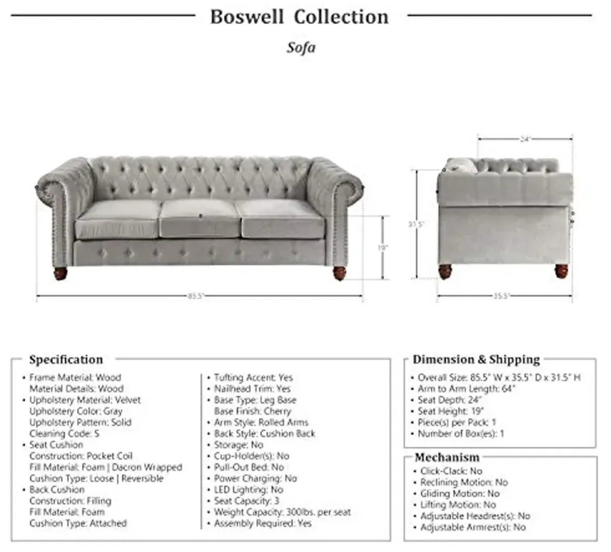 Lexicon Boswell 3-Piece Living Room Set, Gray