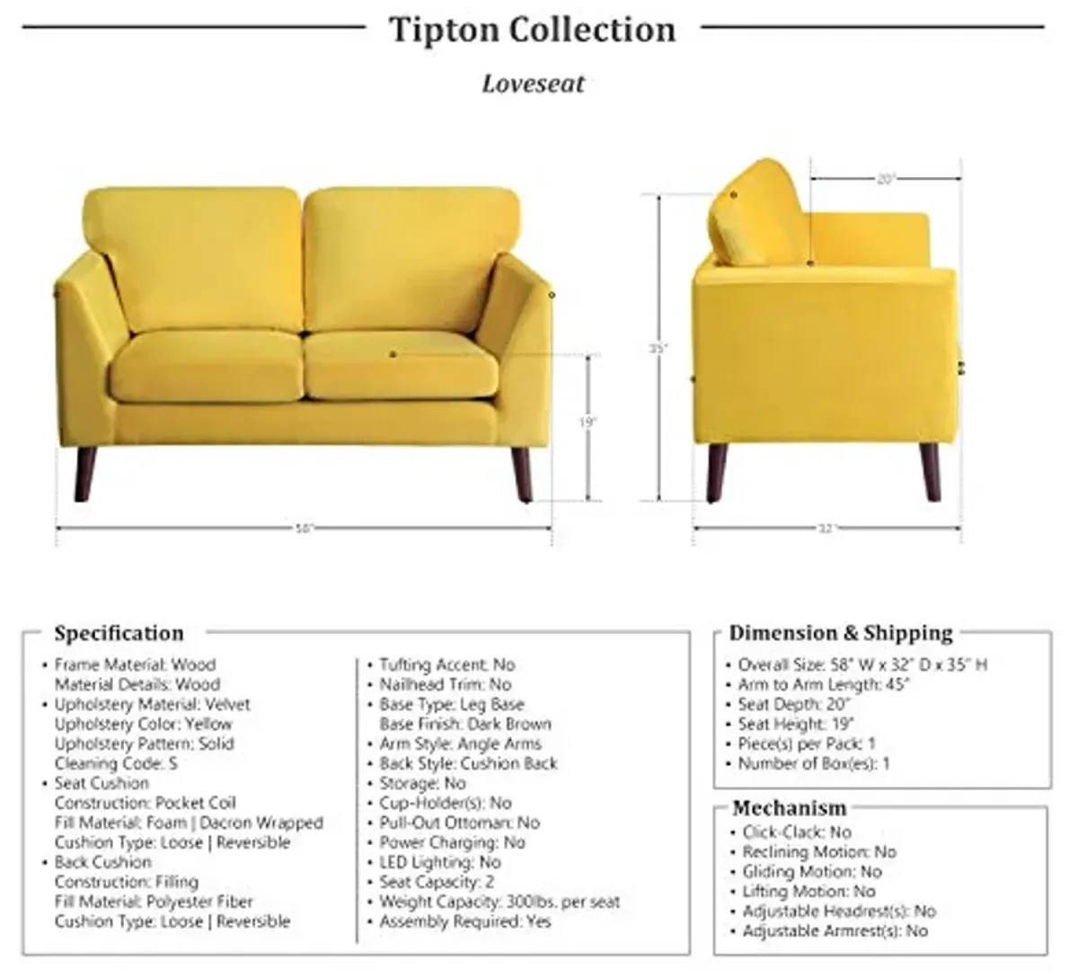 Lexicon Tipton 2 Piece Living Room Set, Yellow