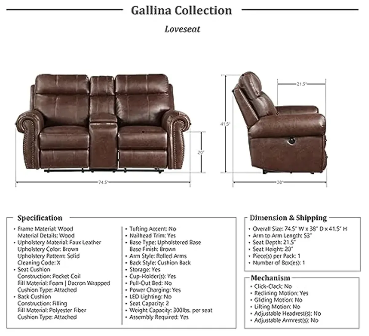 Lexicon Gallina 2-Piece Power Reclining Living Room Set, Brown