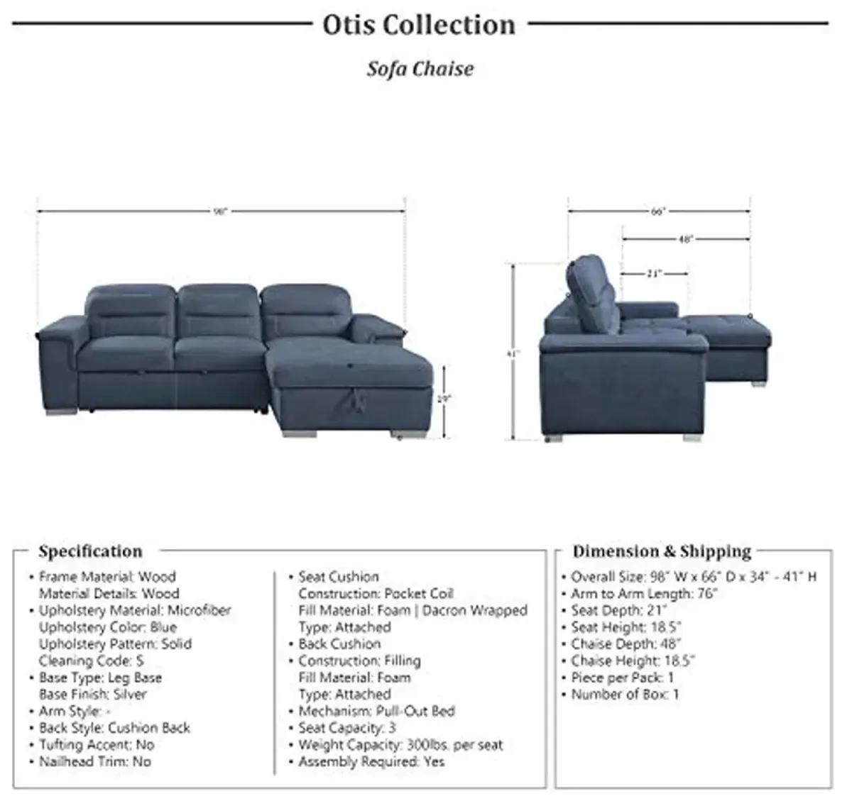 Lexicon Otis Living Room Sectional Sofa Sleeper with Storage, Blue