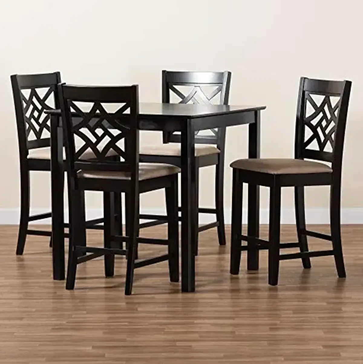 Baxton Studio Nicolette Pub Set and Pub Set Sand Fabric Upholstered and Dark Brown Finished Wood 5-Piece Pub Set