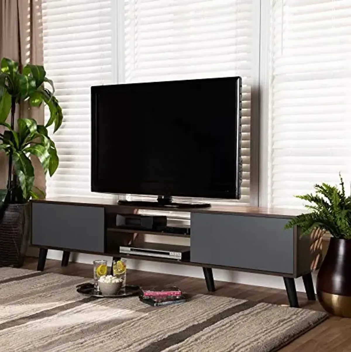 Baxton Studio Clapton Modern and Contemporary Multi-Tone Grey and Walnut Brown Finished Wood TV Stand