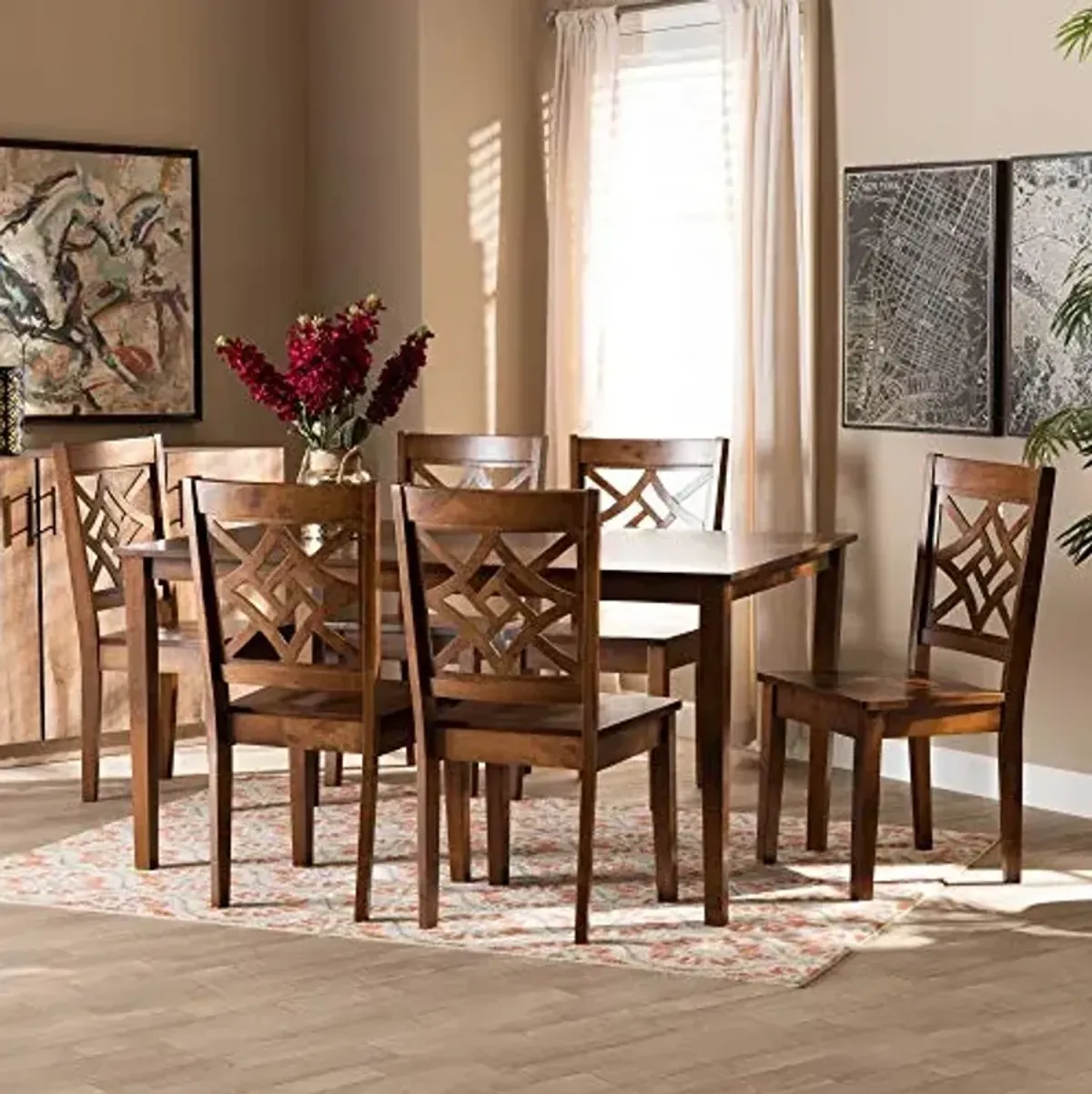 Baxton Studio Nicolette Dining Set and Dining Set Walnut Brown Finished Wood 7-Piece Dining Set