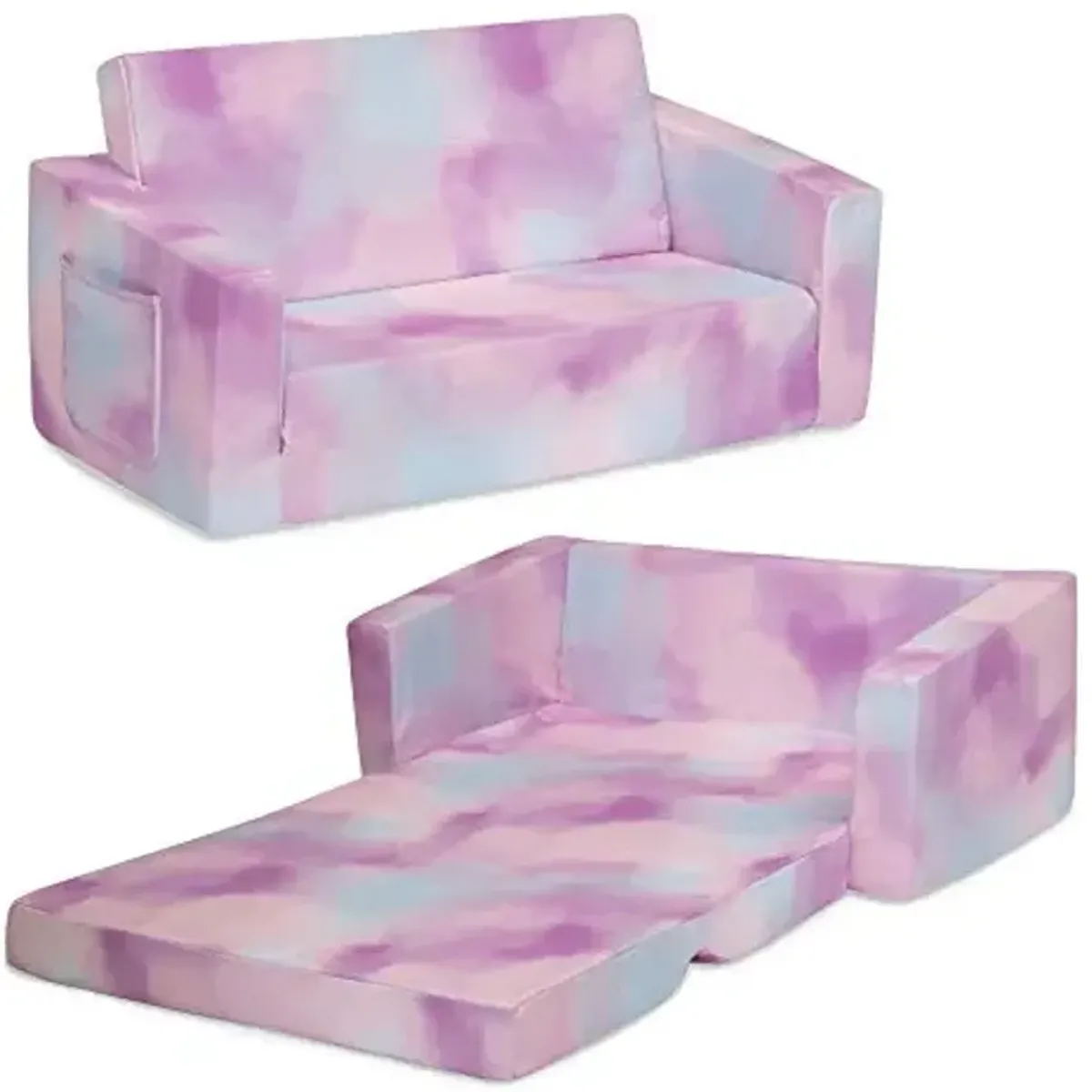 Delta Children Cozee 2-in-1 Extra Wide Convertible Sofa to Lounger-Comfy Flip Open Couch/Sleeper for Kids, Pink Tie Dye