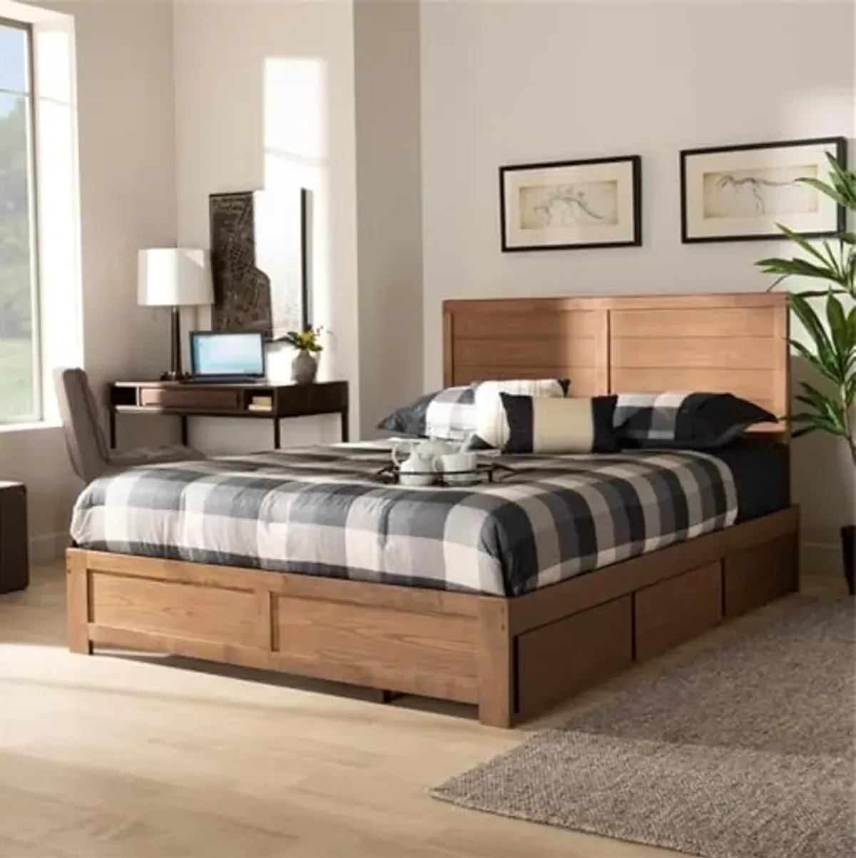 Baxton Studio Lisa Modern and Contemporary Transitional Ash Walnut Brown Finished Wood Full Size 3-Drawer Platform Storage Bed