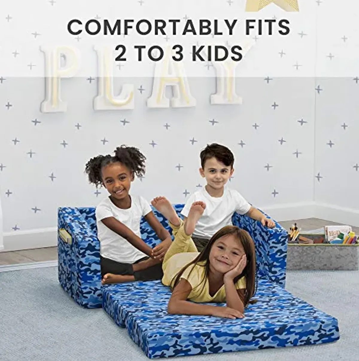 Delta Children Cozee 2-in-1 Extra Wide Convertible Sofa to Lounger-Comfy Flip Open Couch/Sleeper for Kids, Blue Camo