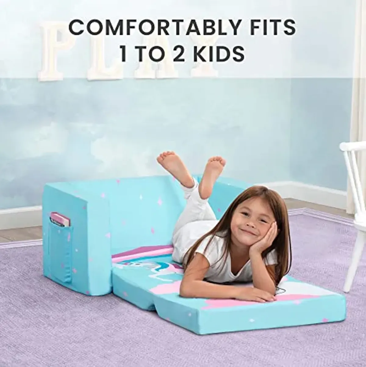 Delta Children Cozee 2-in-1 Convertible Sofa to Lounger For Bedroom - Lightweight,Portable Comfy Flip Open Couch/Sleeper for Kids, Blue Unicorn