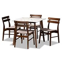 Baxton Studio Richmond Mid-Century Modern Light Beige Fabric Upholstered and Walnut Brown Finished Wood 5-Piece Dining Set with Faux Marble Dining Table