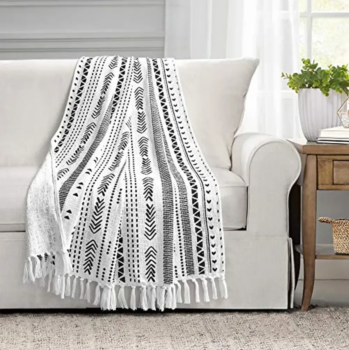 Lush Decor Hygge Stripe Cotton Slub Tassel Fringe Throw Blanet, 60" x 50", Black & White