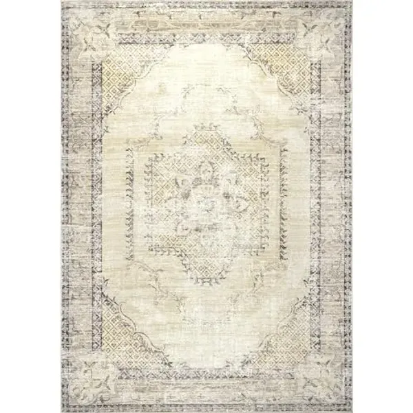 nuLOOM Glenda Machine Washable Faded Medallion Ultra Thin Area Rug, 5x8, Light Grey