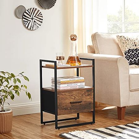 SONGMICS Nightstand, End Table, Fabric Drawer with MDF Front, for Bedroom Closet Dorm, Steel Frame, Industrial, Rustic Brown and Black ULGS102B01