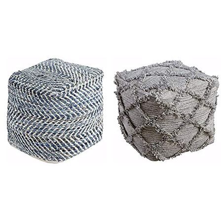 Signature Design by Ashley Chevron Handmade Woven Pouf 18 x 18, Blue and White & Adelphie Chevron Natural Wool Pouf, 16 x 16 in, Neutral Gray
