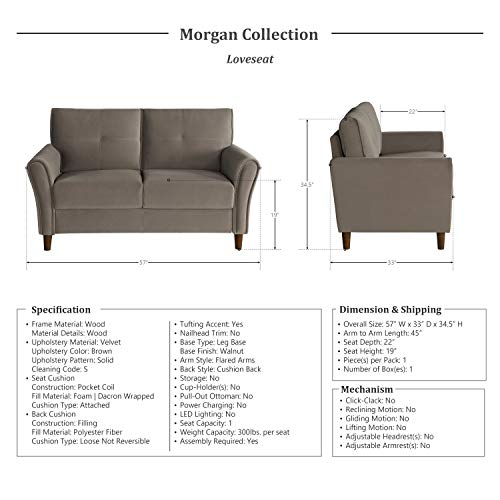 Lexicon Morgan 2-Piece Velvet Living Room Sofa Set, Brown