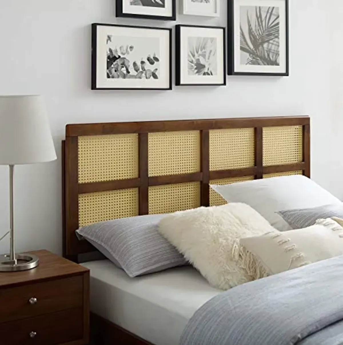 Modway King Cane Woven Rattan Headboard, Walnut, Interchangeable Bed Frames, Rubberwood