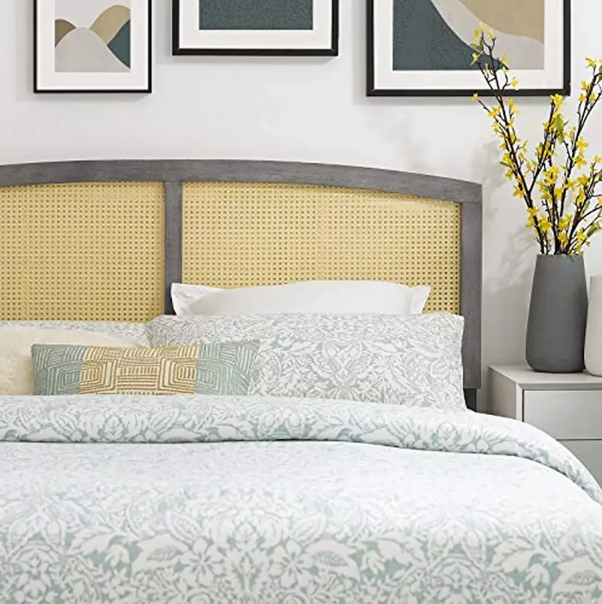 Modway Halcyon Cane Woven Rattan Queen Headboard in Gray