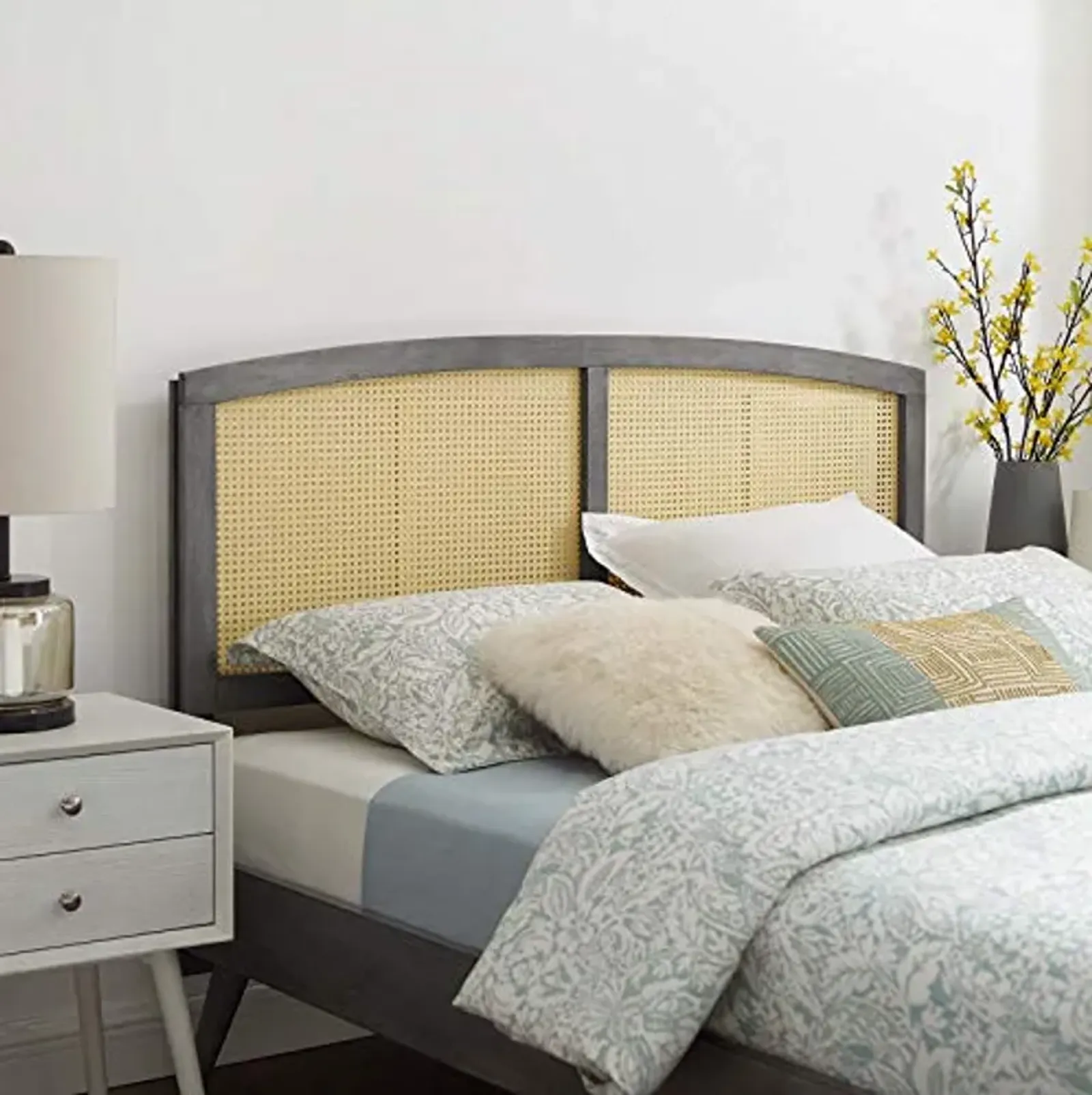 Modway Halcyon Cane Woven Rattan Queen Headboard in Gray