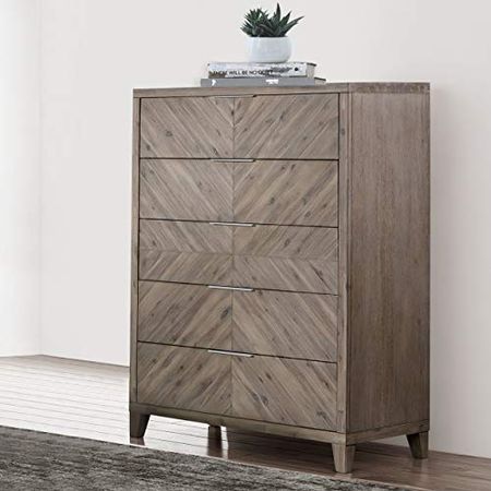 Abbyson Living Contemporary Washed Wood Chevron Pattern 5-Drawer Chest of Drawers, Grey