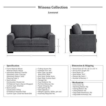 Lexicon Winona 2-Piece Living Room Set, Charcoal
