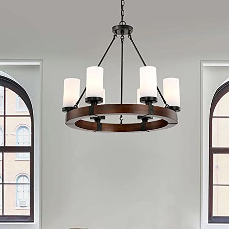 Jojospring Daniela Antique Black 6-Light Round Wood Chandelier with Frosted Glass