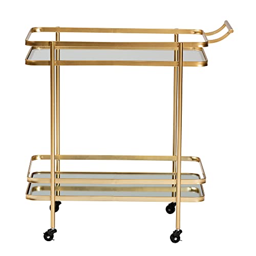 Baxton Studio Destin Modern and Contemporary Glam Brushed Gold Finished Metal and Mirrored Glass 2-Tier Mobile Wine Bar Cart