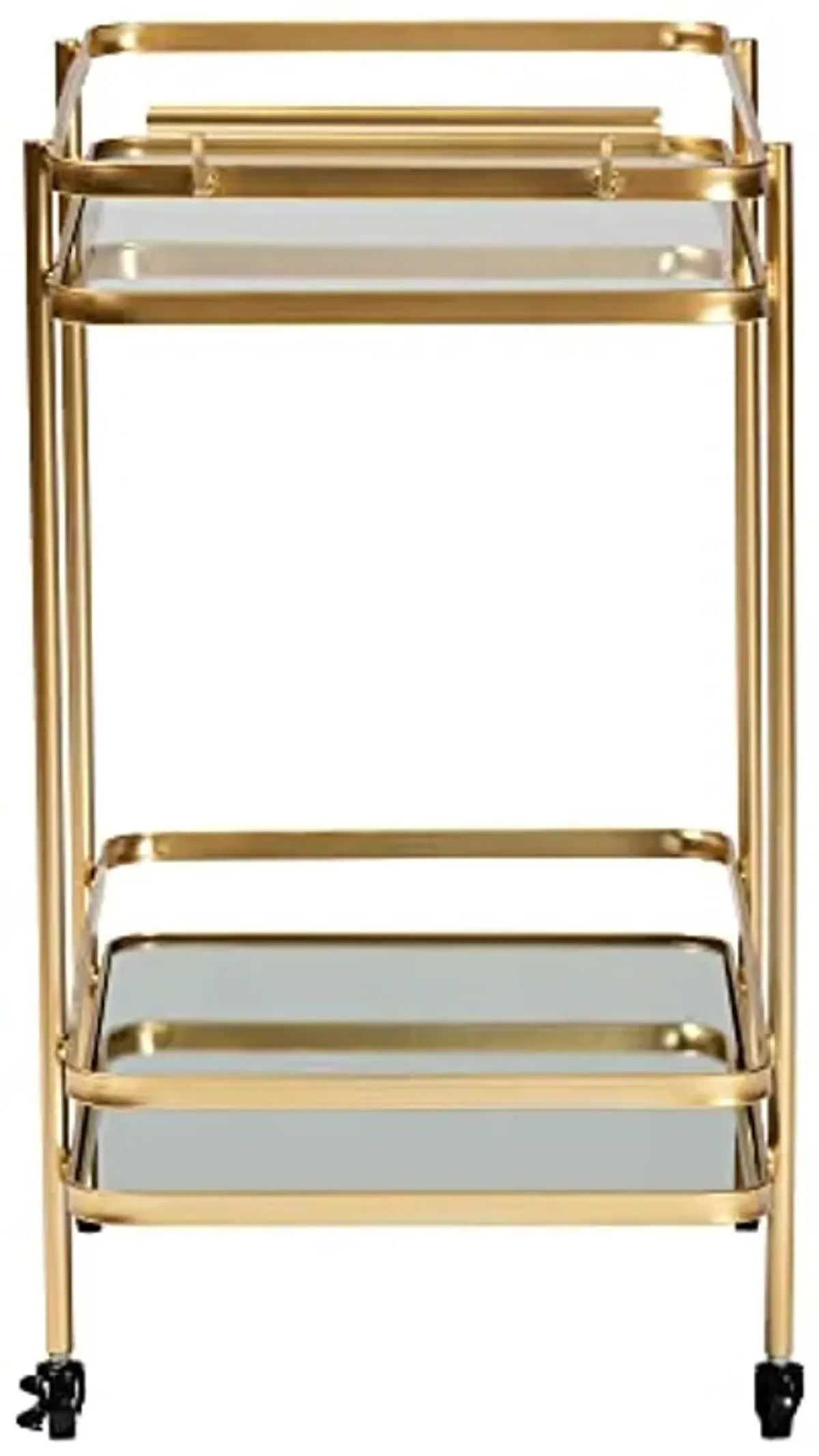 Baxton Studio Destin Modern and Contemporary Glam Brushed Gold Finished Metal and Mirrored Glass 2-Tier Mobile Wine Bar Cart