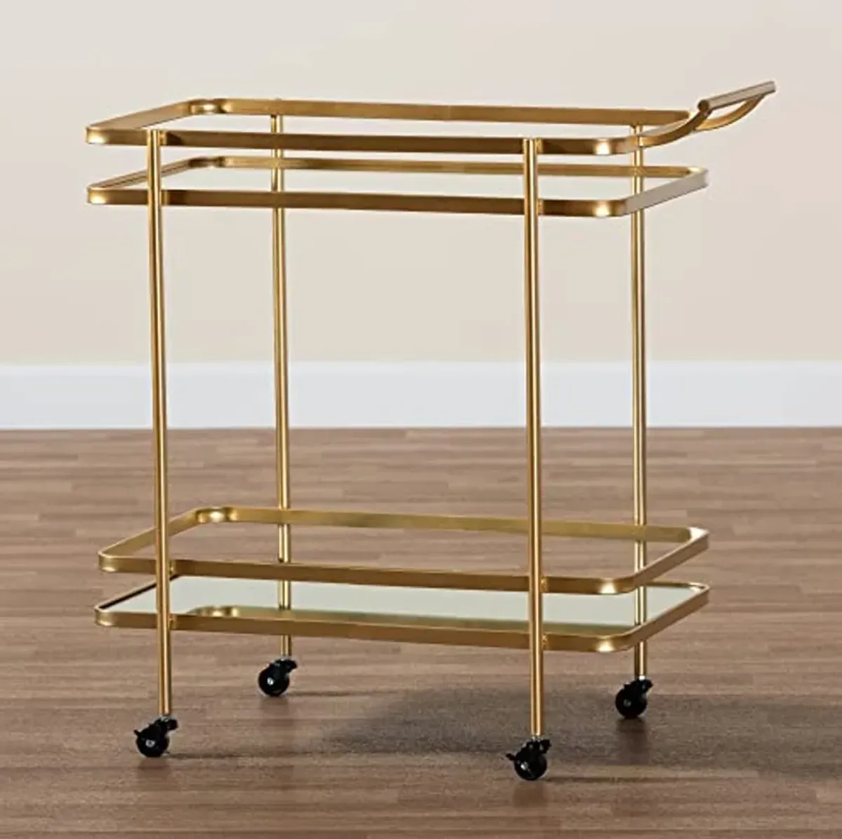 Baxton Studio Destin Modern and Contemporary Glam Brushed Gold Finished Metal and Mirrored Glass 2-Tier Mobile Wine Bar Cart