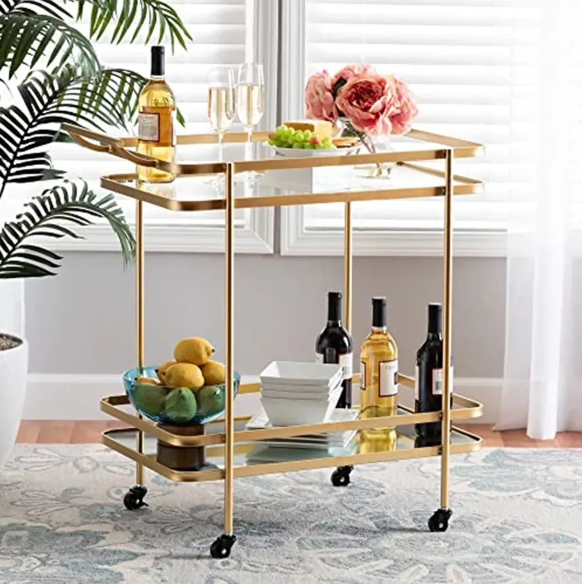 Baxton Studio Destin Modern and Contemporary Glam Brushed Gold Finished Metal and Mirrored Glass 2-Tier Mobile Wine Bar Cart