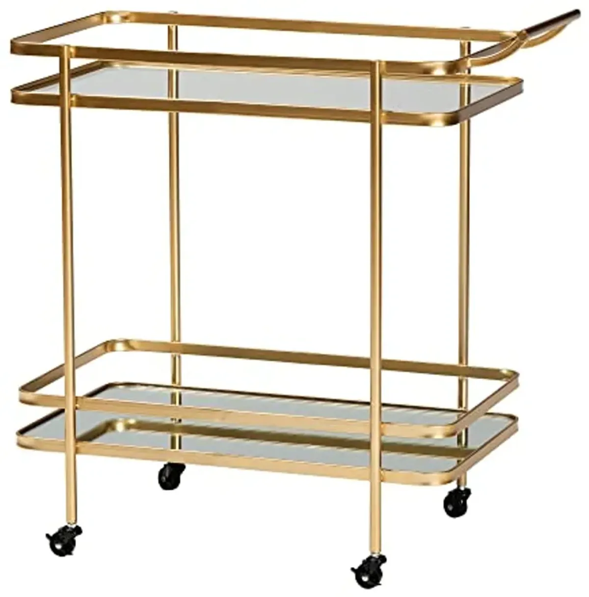 Baxton Studio Destin Modern and Contemporary Glam Brushed Gold Finished Metal and Mirrored Glass 2-Tier Mobile Wine Bar Cart