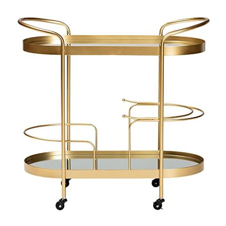 Baxton Studio Kamal Modern and Contemporary Glam Brushed Gold Finished Metal and Mirrored Glass 2-Tier Mobile Wine Bar Cart