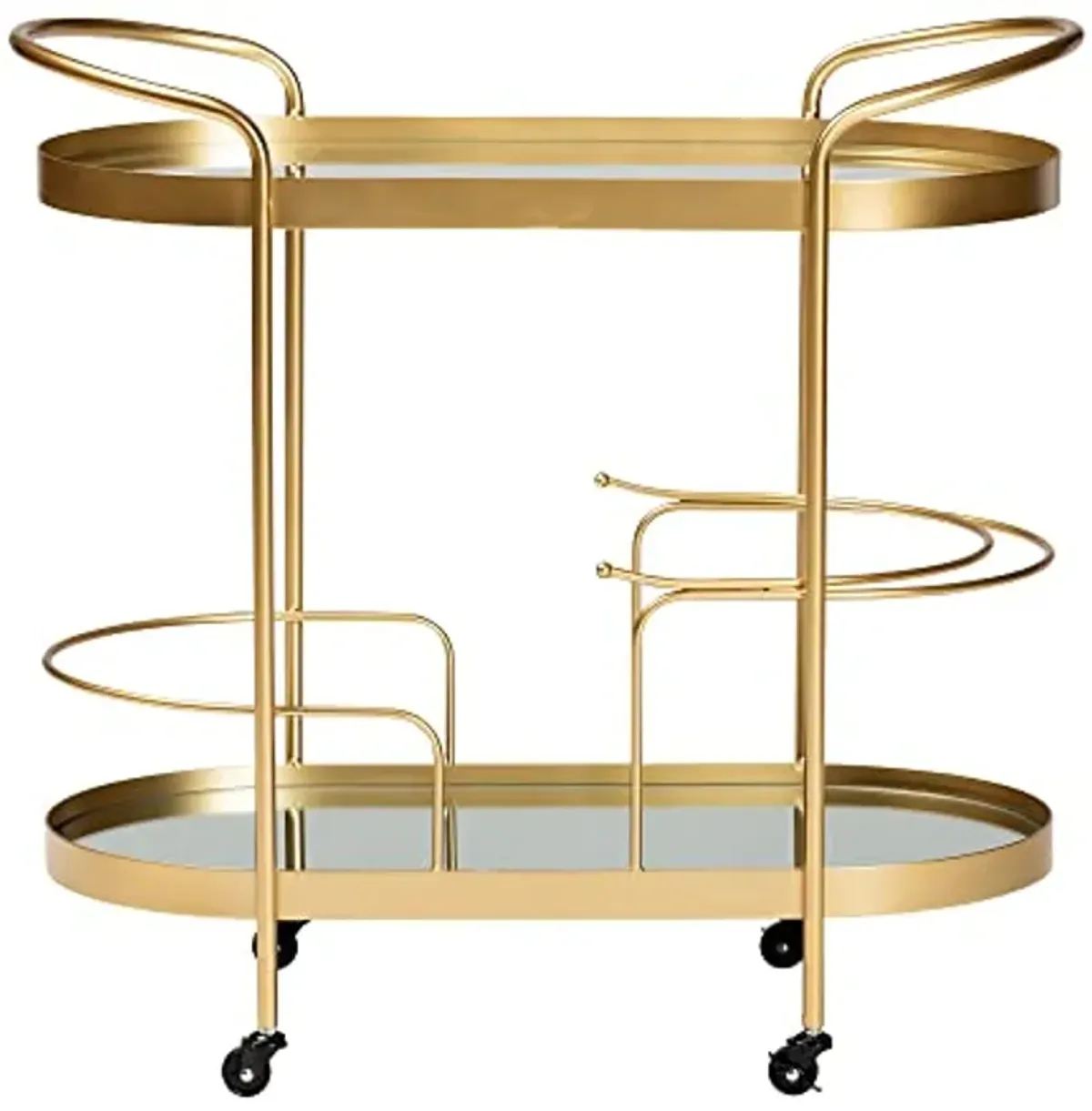 Baxton Studio Kamal Modern and Contemporary Glam Brushed Gold Finished Metal and Mirrored Glass 2-Tier Mobile Wine Bar Cart