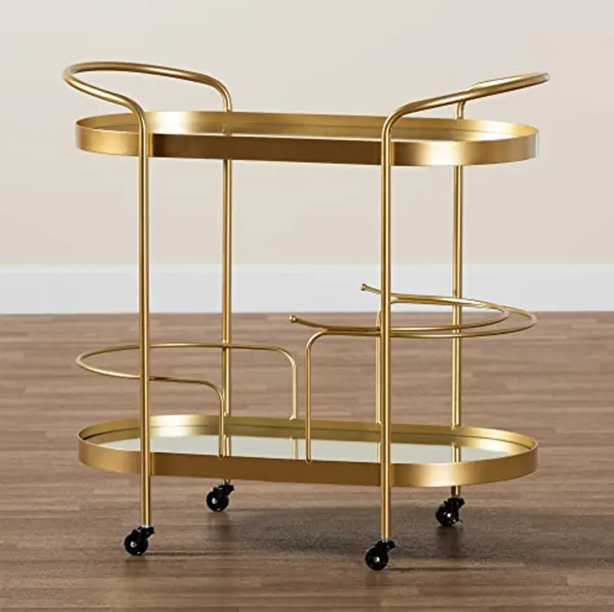 Baxton Studio Kamal Modern and Contemporary Glam Brushed Gold Finished Metal and Mirrored Glass 2-Tier Mobile Wine Bar Cart