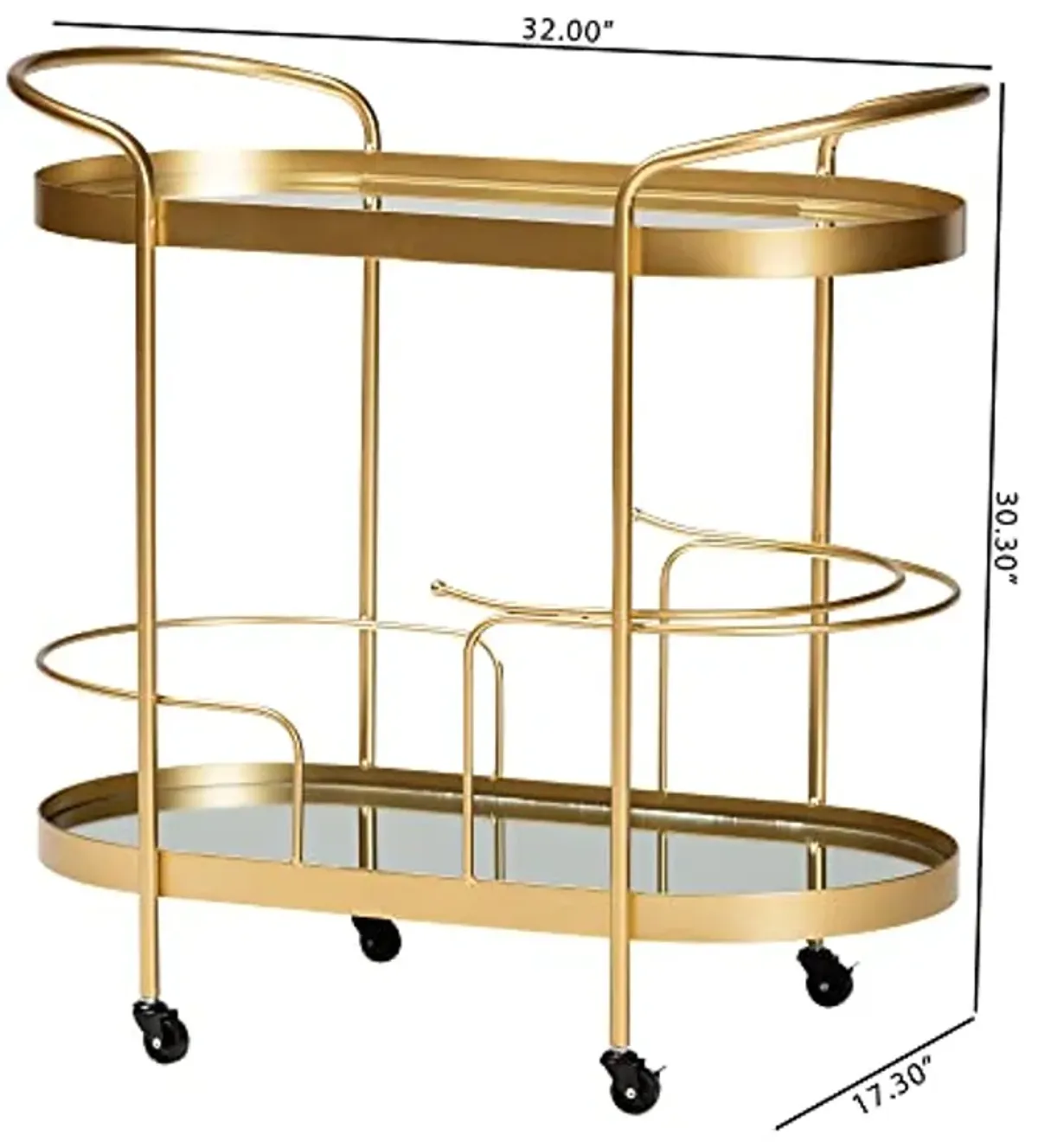 Baxton Studio Kamal Modern and Contemporary Glam Brushed Gold Finished Metal and Mirrored Glass 2-Tier Mobile Wine Bar Cart