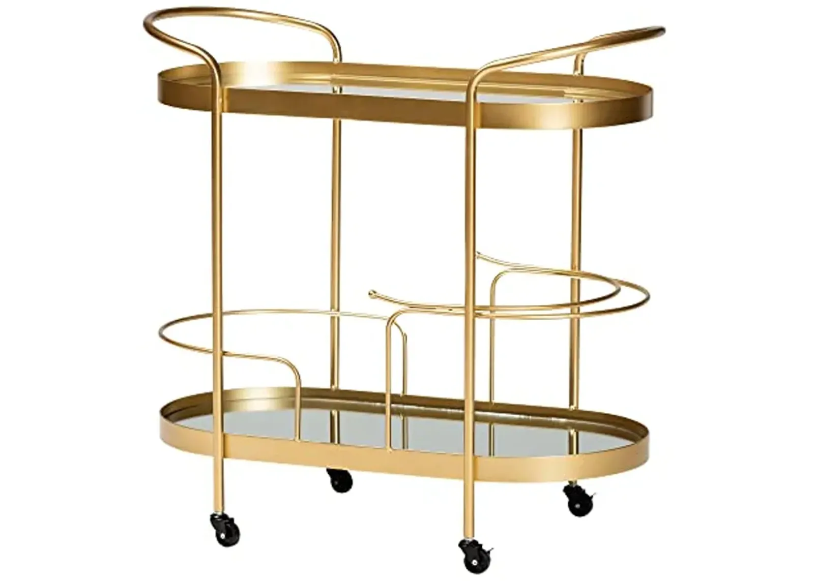 Baxton Studio Kamal Modern and Contemporary Glam Brushed Gold Finished Metal and Mirrored Glass 2-Tier Mobile Wine Bar Cart