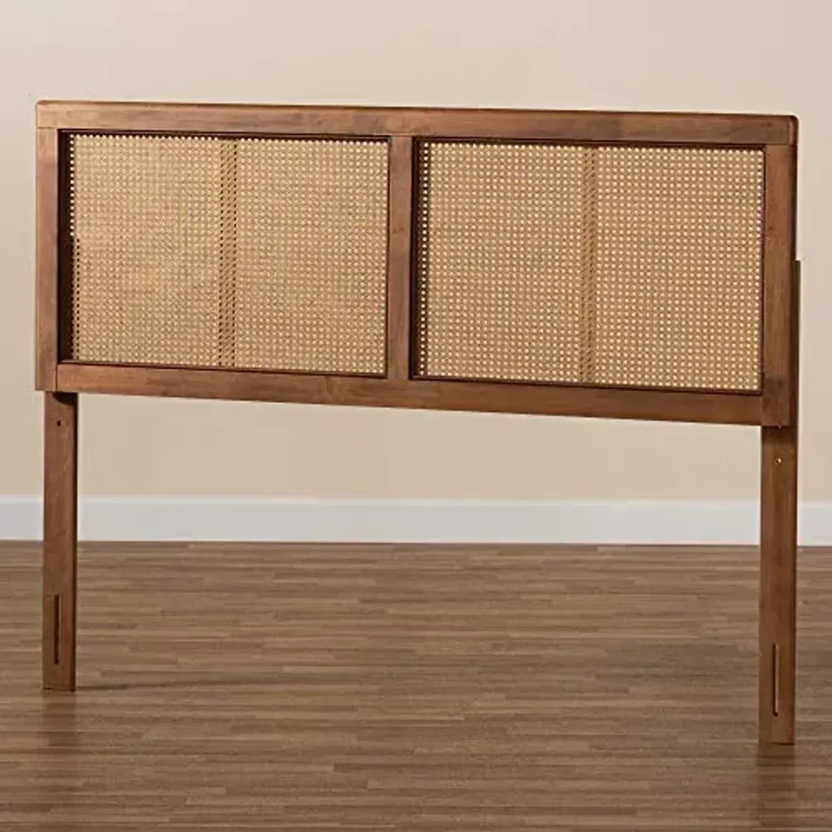 Baxton Studio Gilbert Mid-Century Modern Ash Walnut Finished Wood and Synthetic Rattan Queen Size Headboard