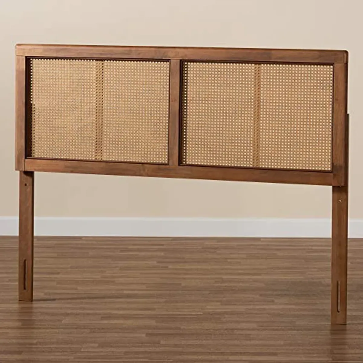 Baxton Studio Gilbert Mid-Century Modern Ash Walnut Finished Wood and Synthetic Rattan King Size Headboard