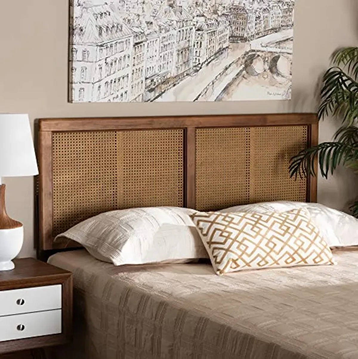 Baxton Studio Gilbert Mid-Century Modern Ash Walnut Finished Wood and Synthetic Rattan King Size Headboard