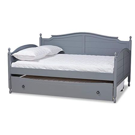 Baxton Studio Mara Cottage Farmhouse Grey Finished Wood Full Size Daybed with Roll-Out Trundle Bed