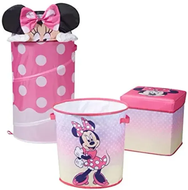 Idea Nuova Disney Minnie Mouse 3 Piece Collapsible Storage Set with Collapsible Ottoman, Bin and Figural Dome Pop Up Hamper, Pink